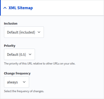 Side panel with XML Sitemap expanded to show the inclusion, priority, and change frequency settings for a particular content type.
