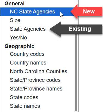 Drop down of Element Options displaying two State Agencies list options for webforms