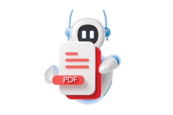 A cute illustrated robot holding a PDF document.