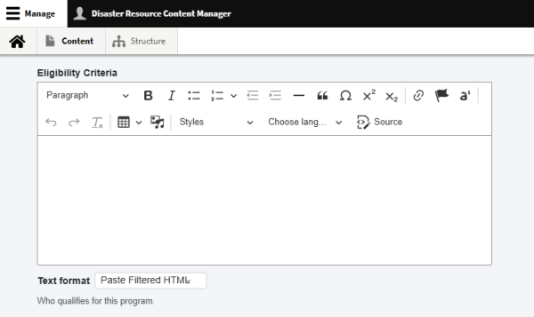 Eligibility description field for the disaster support program content type