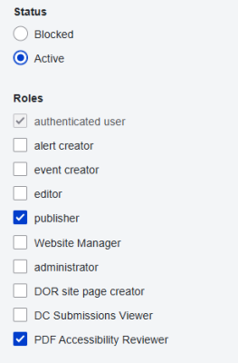 User interface with boxes checked for the Publisher and PDF Accessibility Reviewer roles.