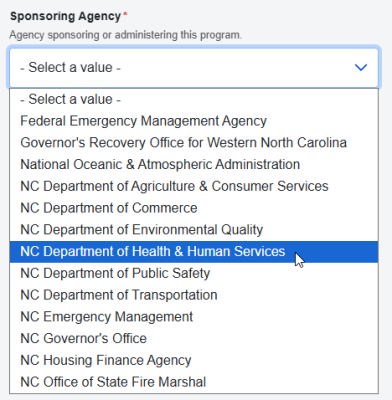 The NC Department of Health & Human Services is selected as the Sponsoring Agency