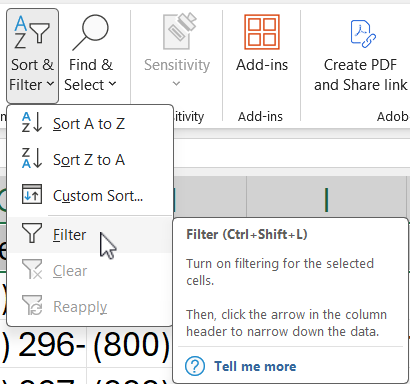 Use the Sort & Filter menu in Excel to more easily manage data in your CSV file.