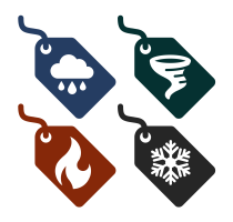 Paper tags with graphics of various weather disasters convey the concept of taxonomy tagging