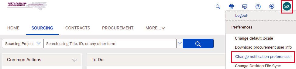 Change Notification Preferences option highlighted on drop-down list