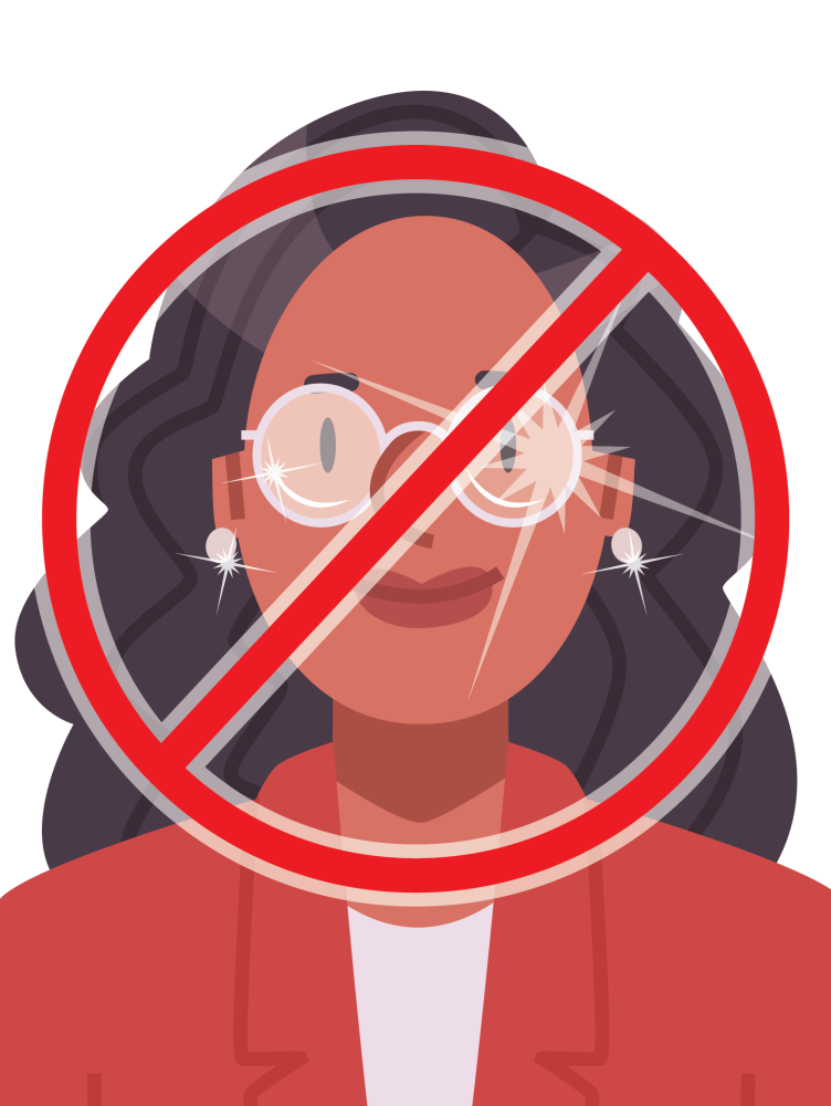Cartoon illustration of a woman wearing glasses with glares covering her eyes