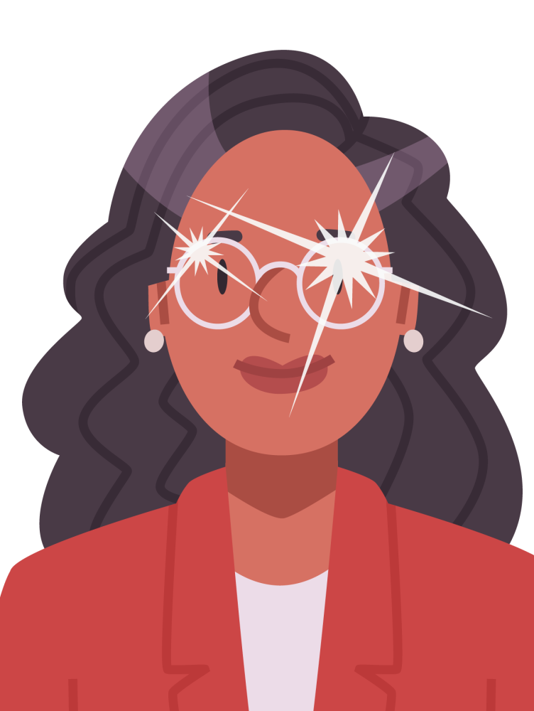Cartoon illustration of a woman wearing glasses with glares covering her eyes
