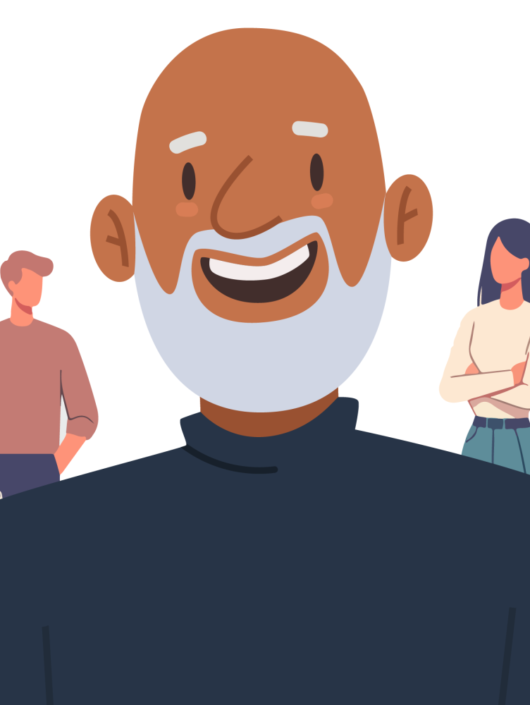 Cartoon illustration of a man taking a selfie with people in the background 