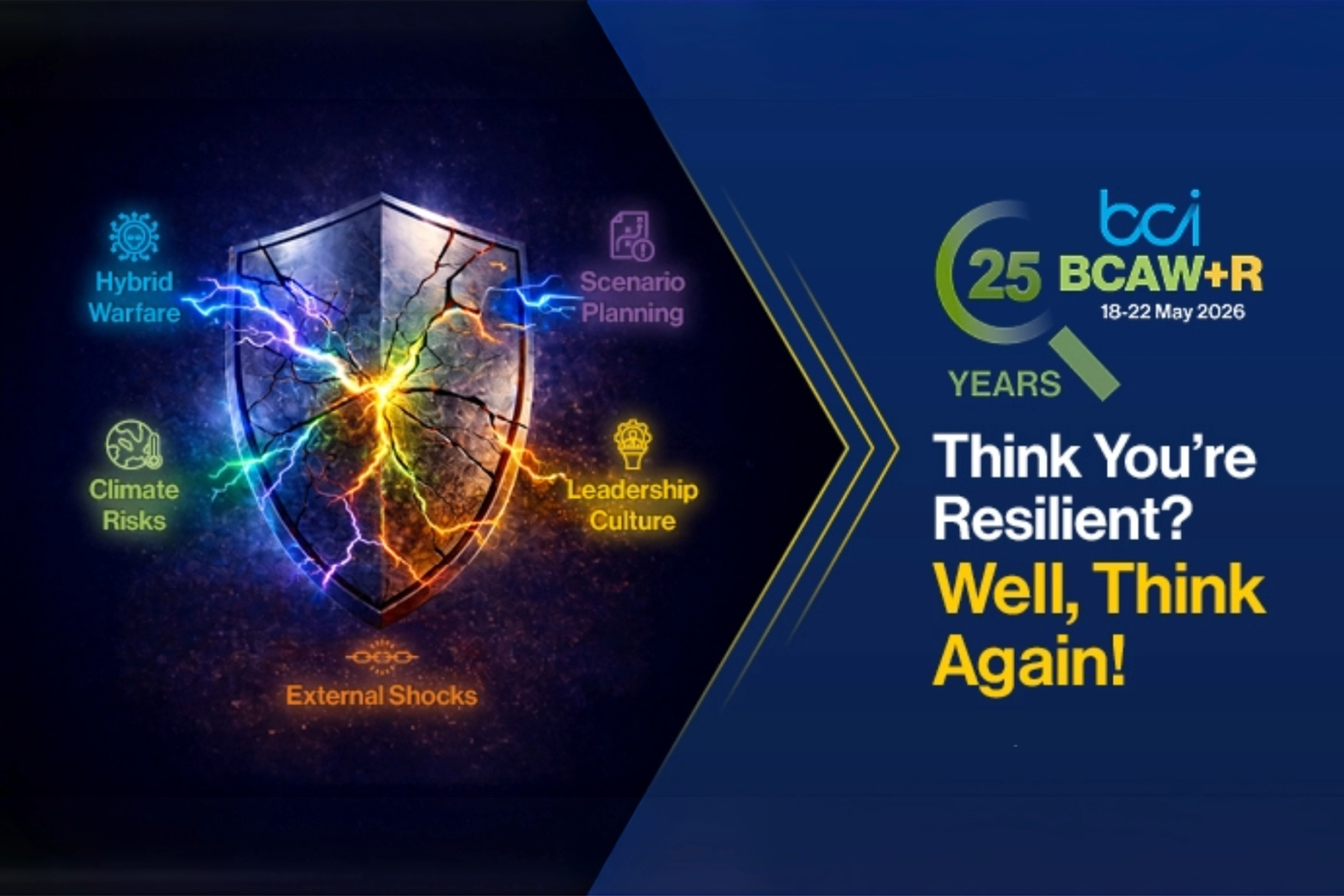 bci 25 years BCAW+R 18-22 May 2026 Think You're Resilient? Well, Think Again! Sheild split into parts categorized as Hybrid Warfare, Climate Risks, External Shocks, Leadership Culture, Scenario Planning.