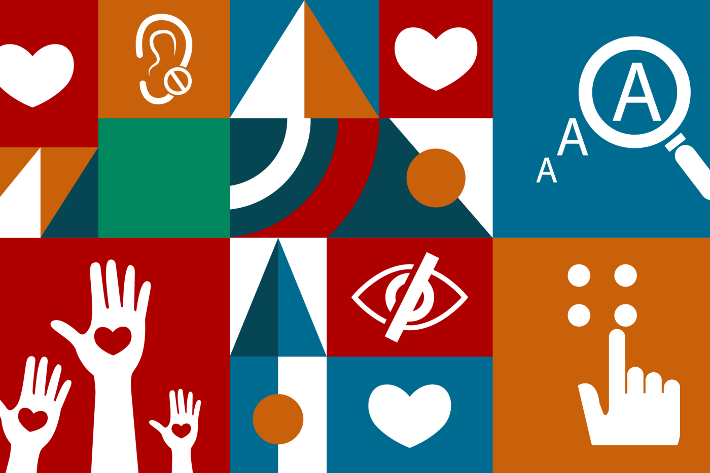 A colorful accessibility-themed collage featuring symbols like a hearing ear, hands with hearts, a magnifying glass over the letter "A," an eye with a strikethrough, and Braille dots. Triangular and circular patterns in red, blue, orange, and green complete the design.