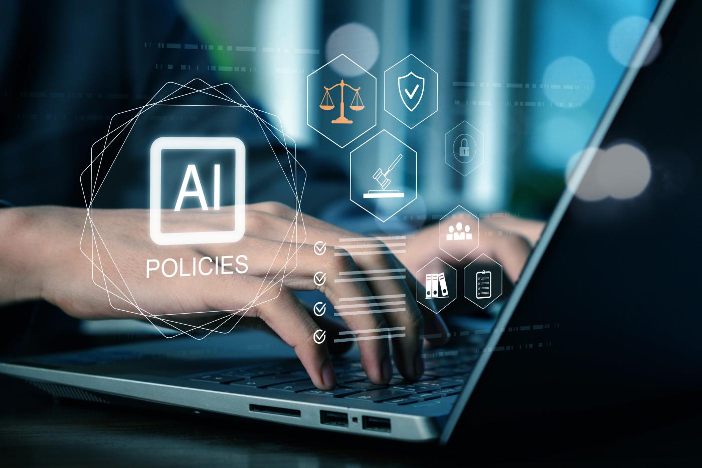 Someone typing on a keyboard. Showing icons representing AI Policies