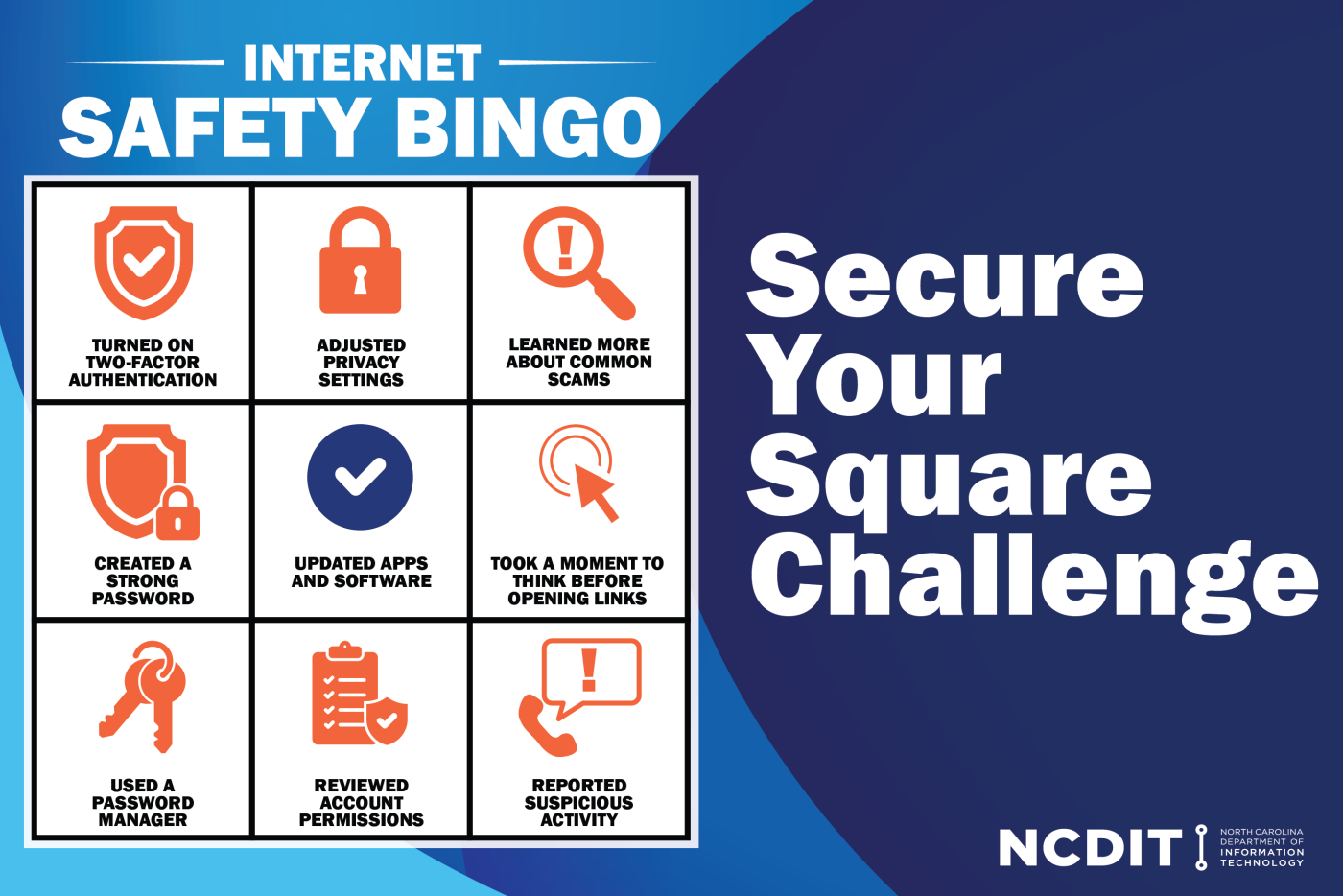 Image shows an Internet Safety Bingo Card with various internet safety tips in the squares next to the words "Secure Your Square Challenge"