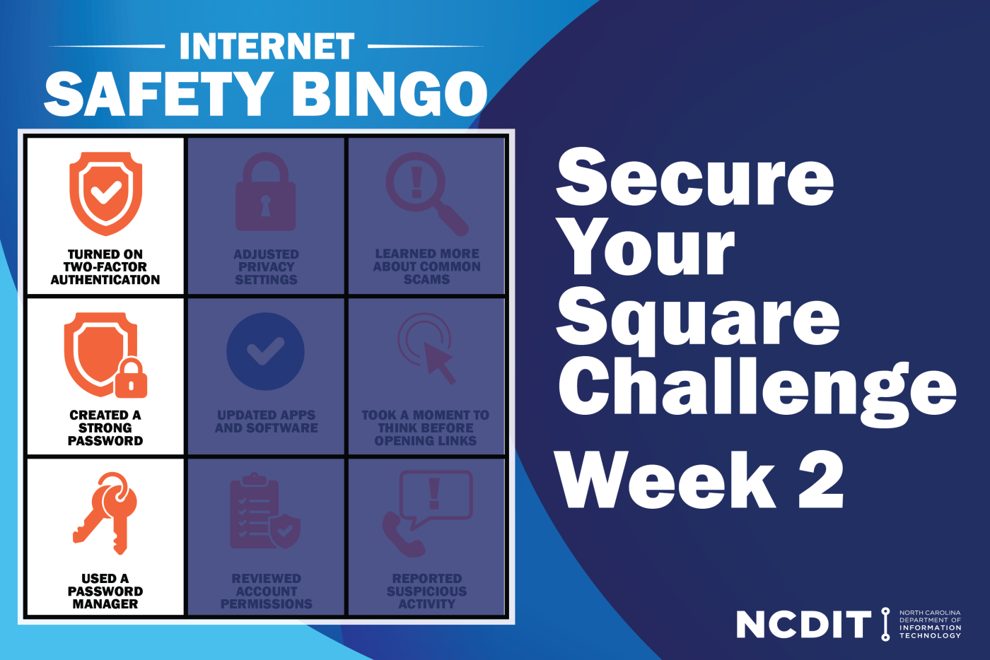 Secure Your Square Challenge Week 2, highlighting the first row of the BINGO sheet