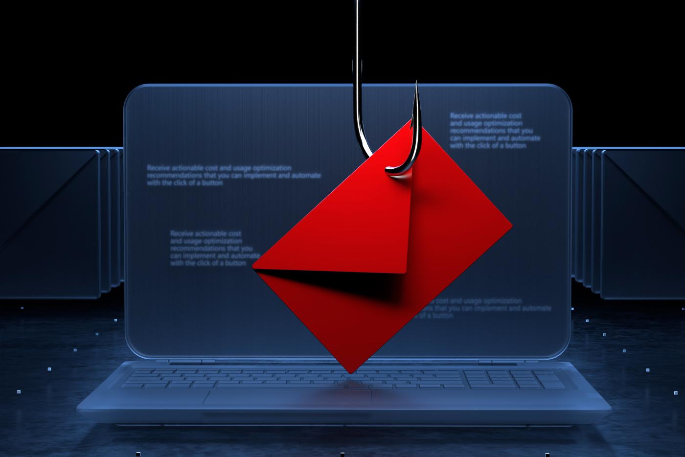 Laptop open with fishing hook grabbing a red envelope