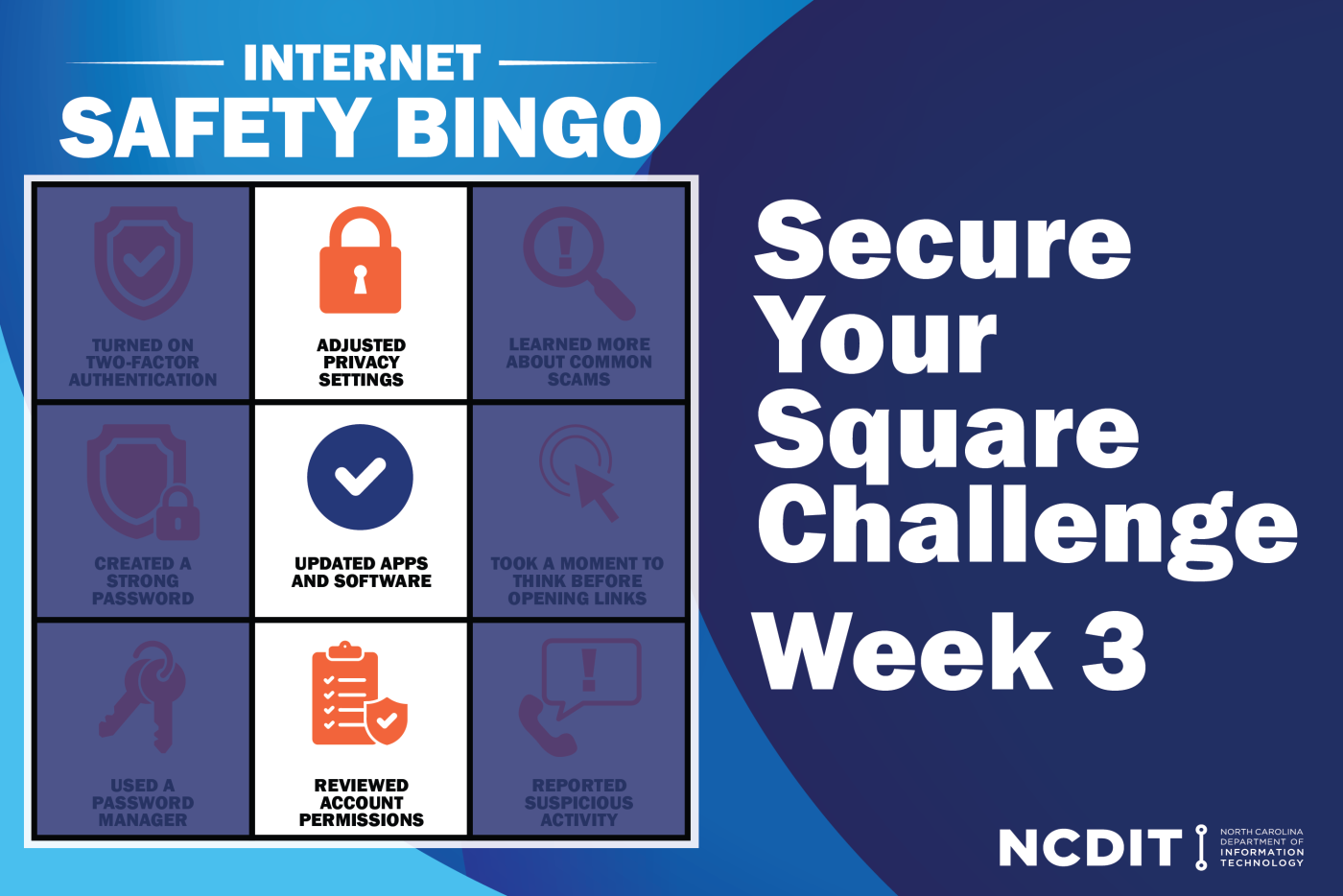 Secure Your Square Challenge Week 3, BINGO card with middle row highlighted