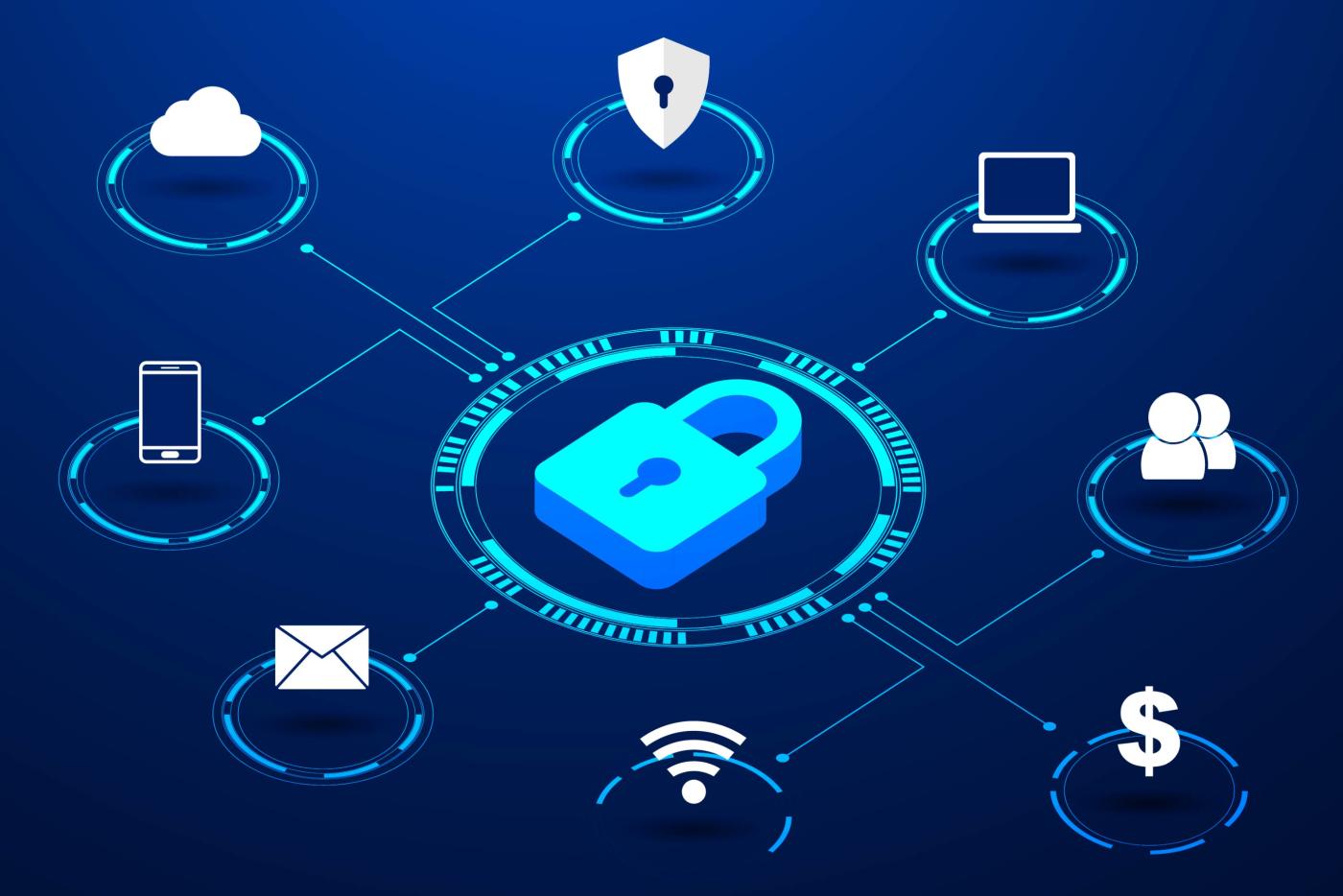 A lock with icons representing cybersecurity surrounding it.