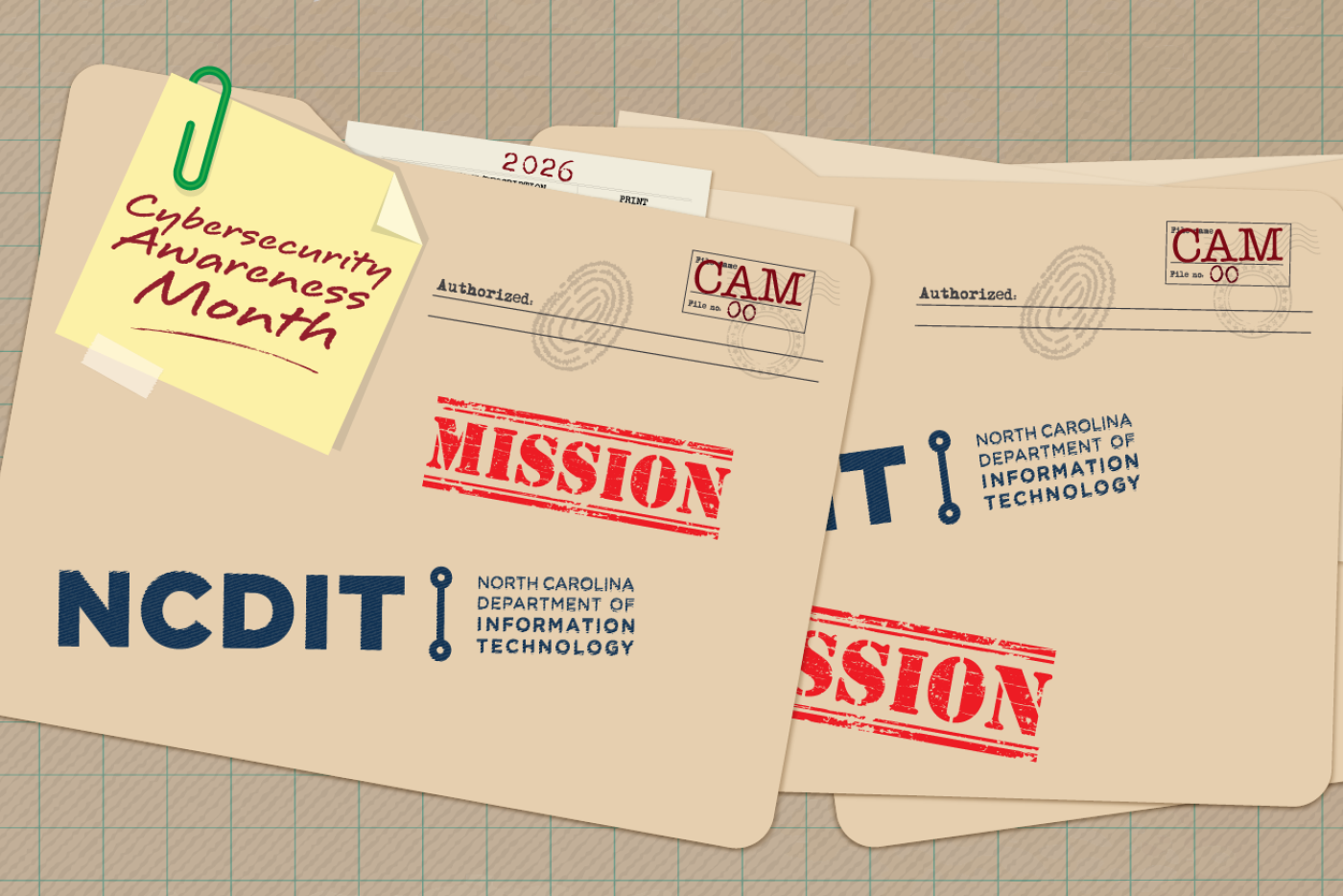 File folder with a sticky note paperclipped to it that says "Cybersecurity Awareness Month". The folder says "Mission" and has the NCDIT logo on it