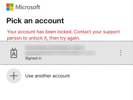 Screenshot of locked account message in Microsoft Outlook