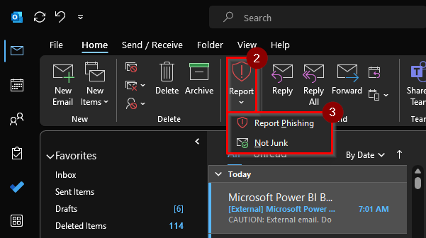 Screen shot of Outlook desktop - select not Junk