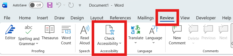 Microsoft Word, Review, Check Accessibility