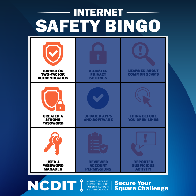 Titled Internet Safety Bingo. A 3 by 3 BINGO square with the second and third rows shaded to show the first. The first row displays: turned on two-factor authentication, created a strong password, and used a password manager