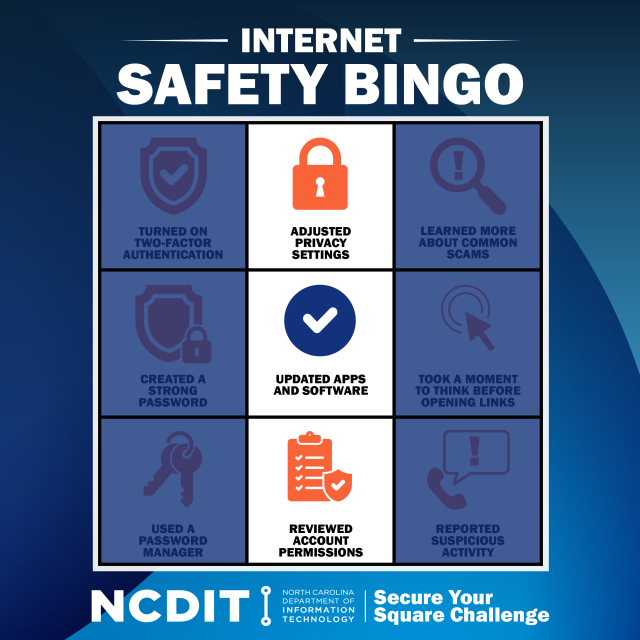 Headline: Internet Safety Bingo, middle row is highlighted and states adjusted privacy settings, updated apps and software, and reviewed account permissions