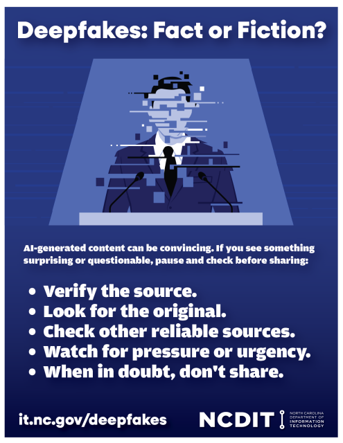 Flyer entitled "Deepfakes: Fact or Fiction" that includes tips for identifying deepfakes