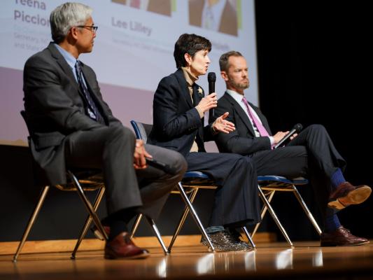 NCDIT Secretary Teena Piccione and Deputy Secretary for AI and Policy I-Sah Hsieh speaking on a panel at NC TECH’s Government Vendor Network