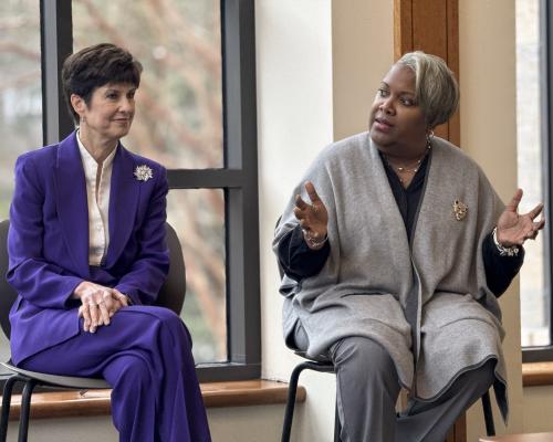 NCDIT Secretary Teena Piccione and State Chief Information Security Officer Bernice Russell-Bond speaking on a panel at Duke University