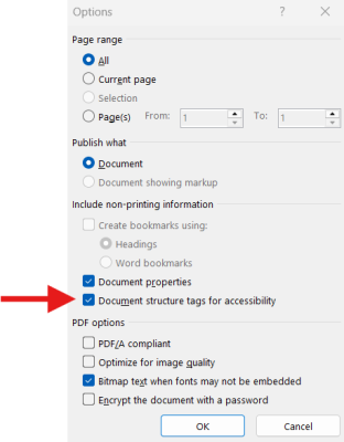 Microsoft Word Save As PDF with tags for accessibility