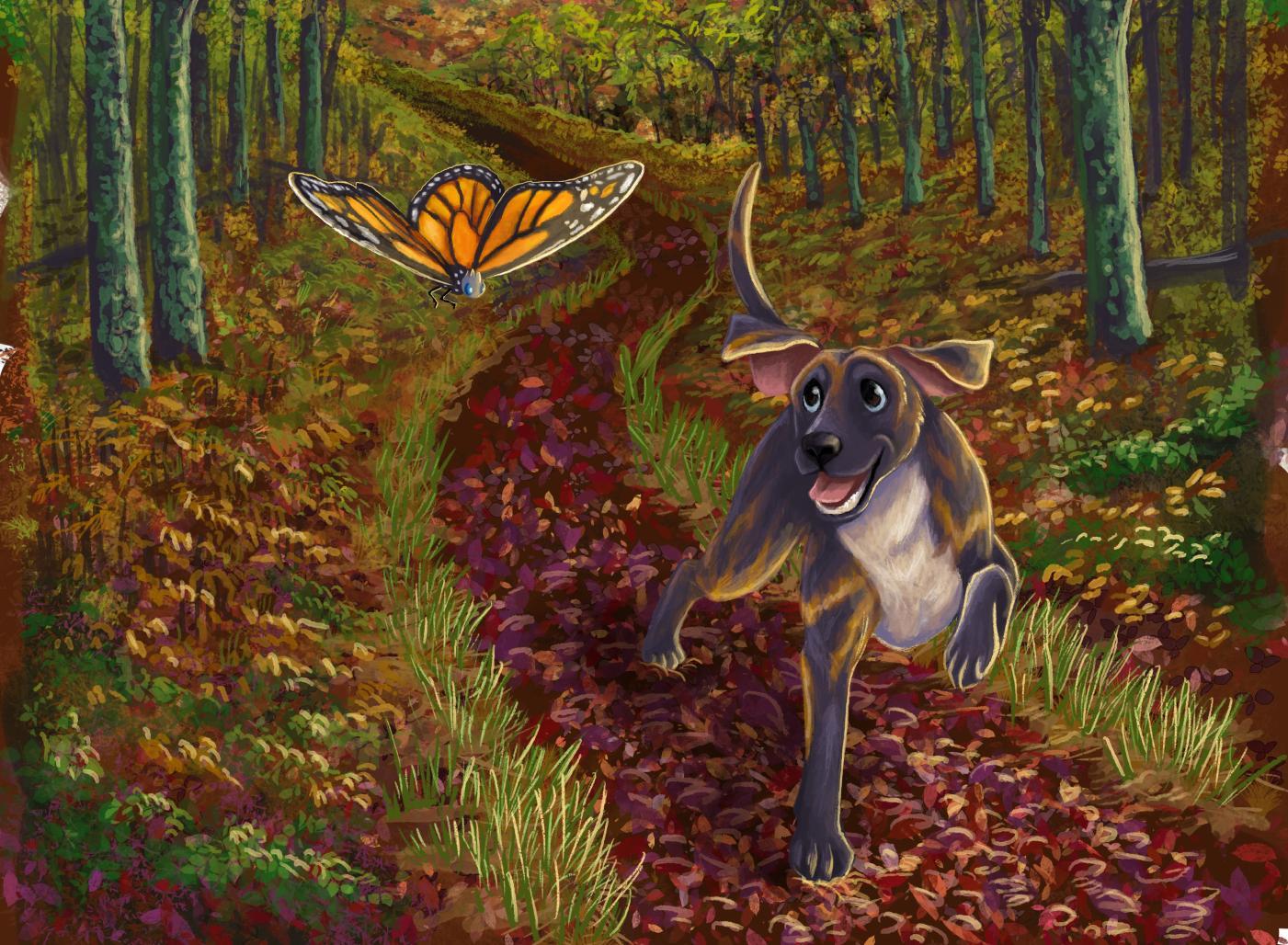 an illustrated photo of a plott hound and monarch butterfly running through a forest