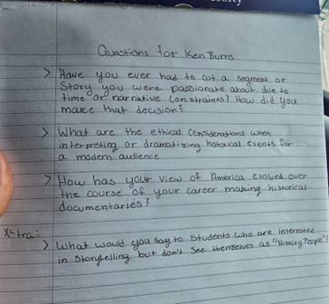 Handwritten student interview questions for Ken Burns