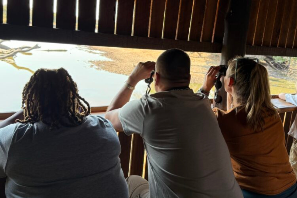 Teachers use binoculars to look over the South African landscape.