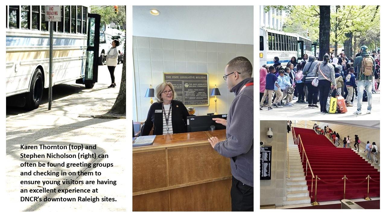 Stephen and Karen greet students as they arrive for field trips.