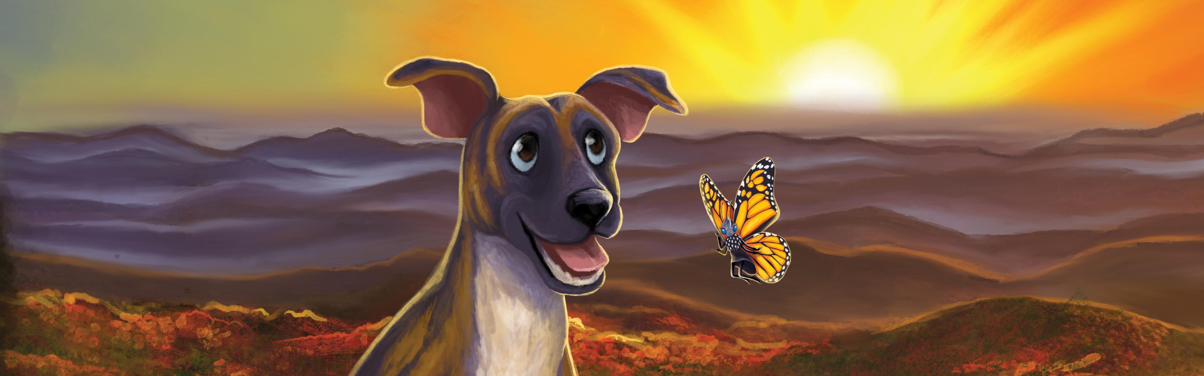 illustration of dog and butterfly with sun setting in background over mountains