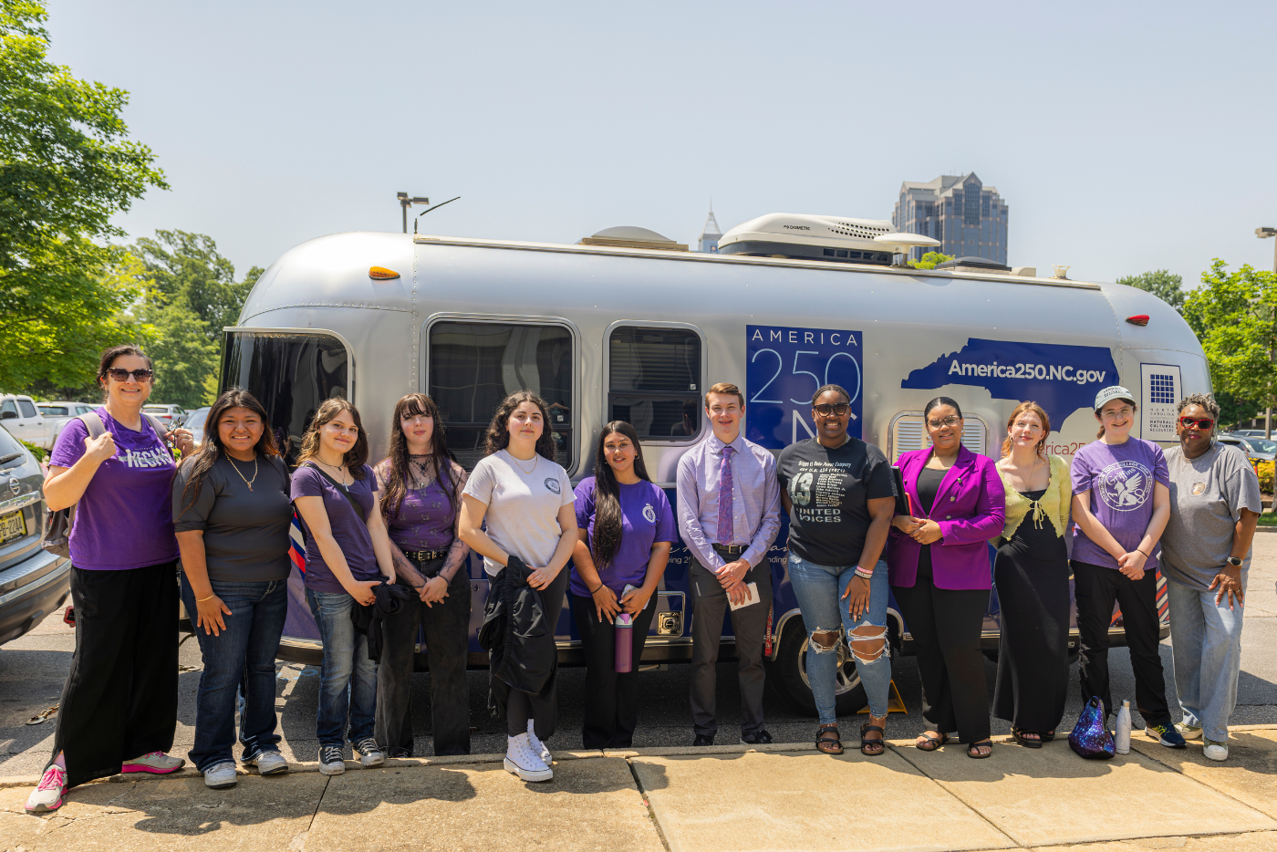 Students gather outside the America 250 NC Airstream