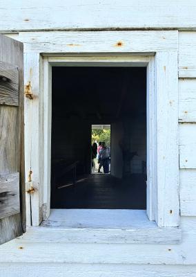 a view from outside a window of a historic building looking in