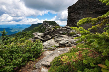 A rocky trail surrounded by low brush and cloudy skies