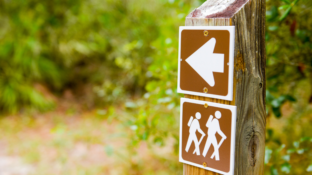 View of two iconographic signs on wooded path identifying a hiking trail to the left of the signpost. The lower sign features the icon of two hikers, while the upper sign is an arrow pointing left.