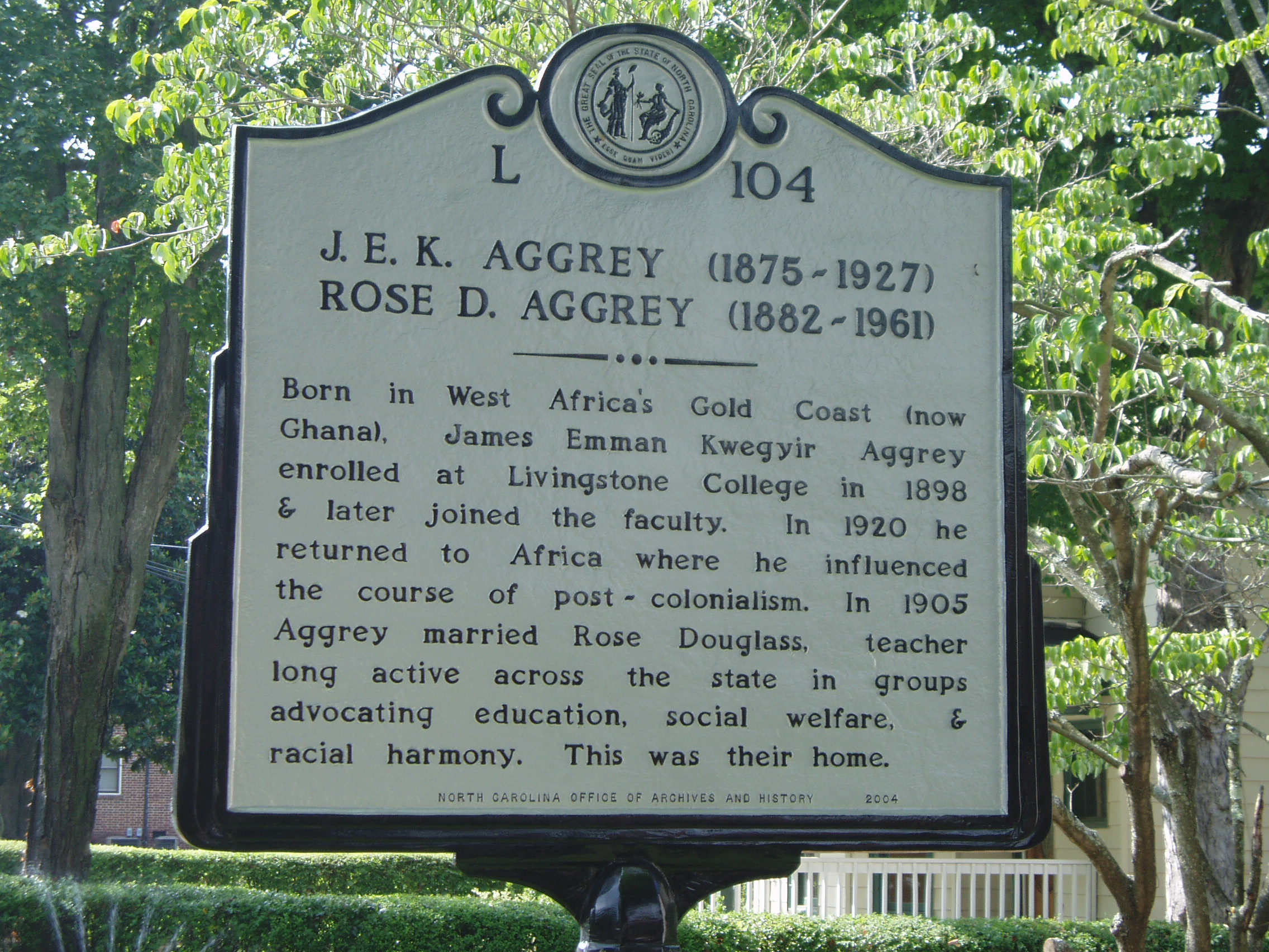 J. E. K. Aggrey (1875-1927) Rose D. Aggrey (1882-1961) (L-104) | NC DNCR