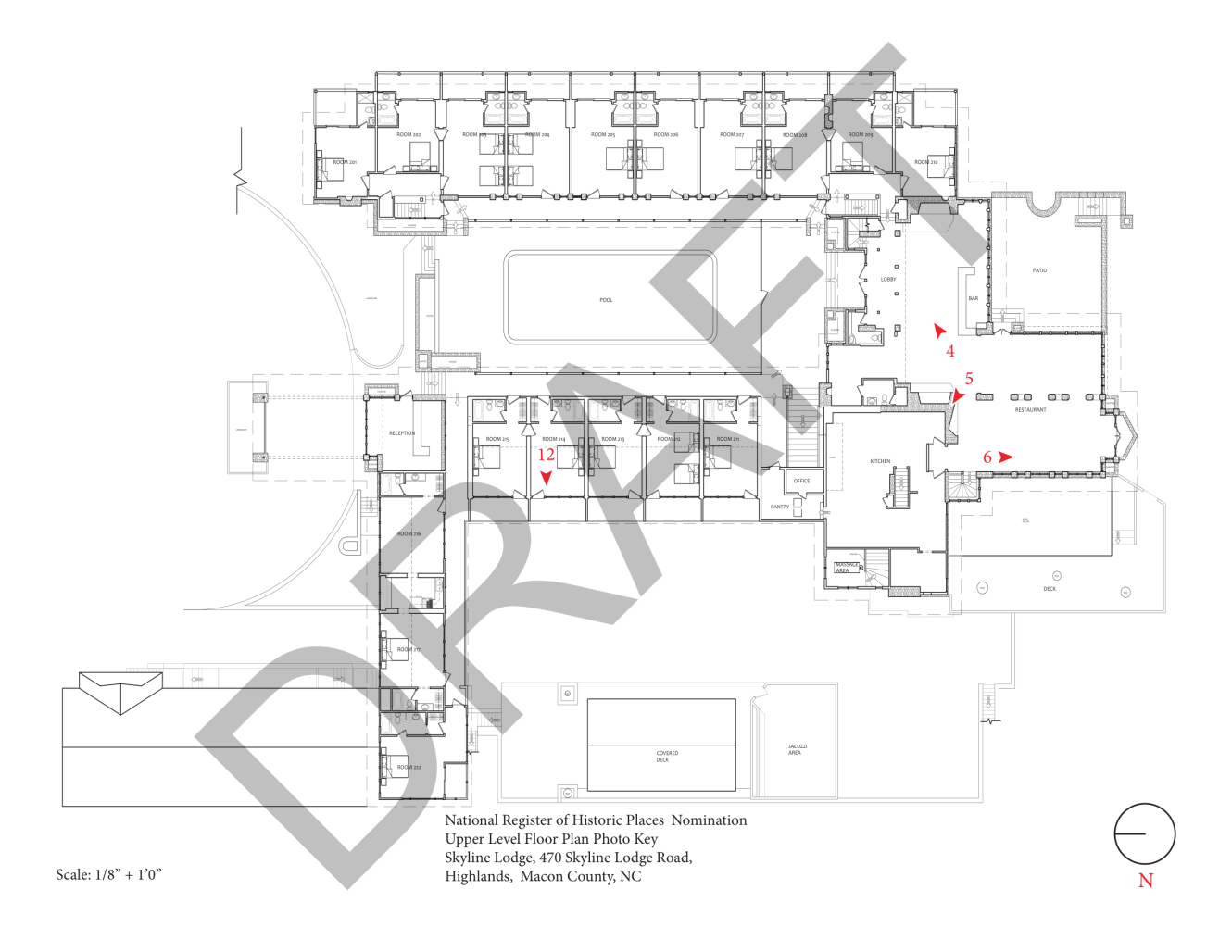 Architectural floor plan titled Upper Level Floor Plan Photo Key for Skyline Lodge, showing room layouts, a central pool, and red numbered arrows indicating camera angles