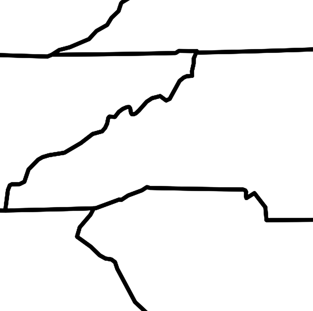 Blank outline map of North Carolina and Tennessee with state borders for student mapping activity