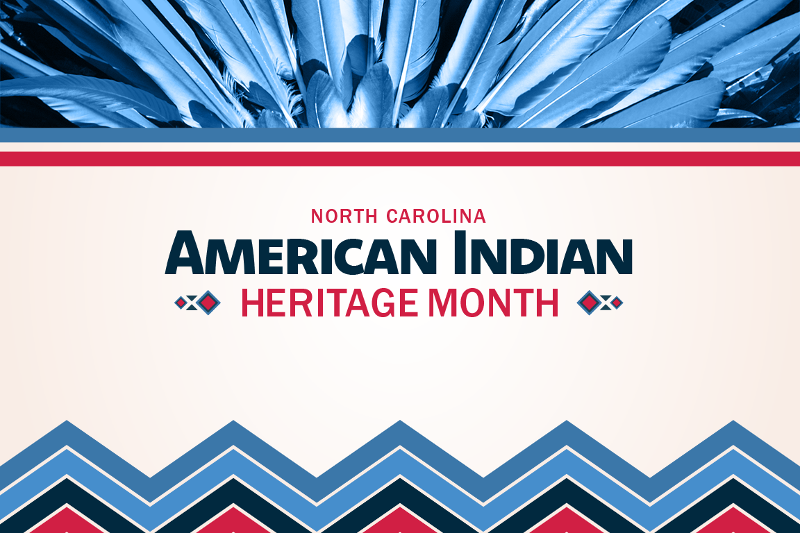 Blue feathers behind a border of multiple tones of blue and red zigzags