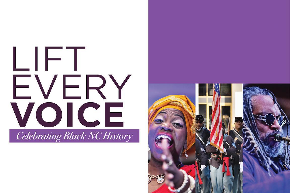 Purple text over a white background next to a three images of Black entertainers and historians against a purple background