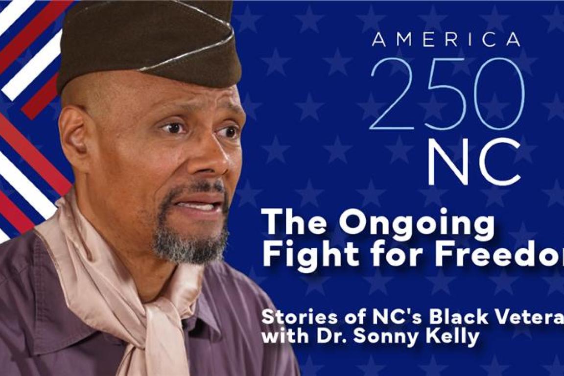 A Black man wears Revolutionary War garb in front of a red white and blue stripes and a blue starry background