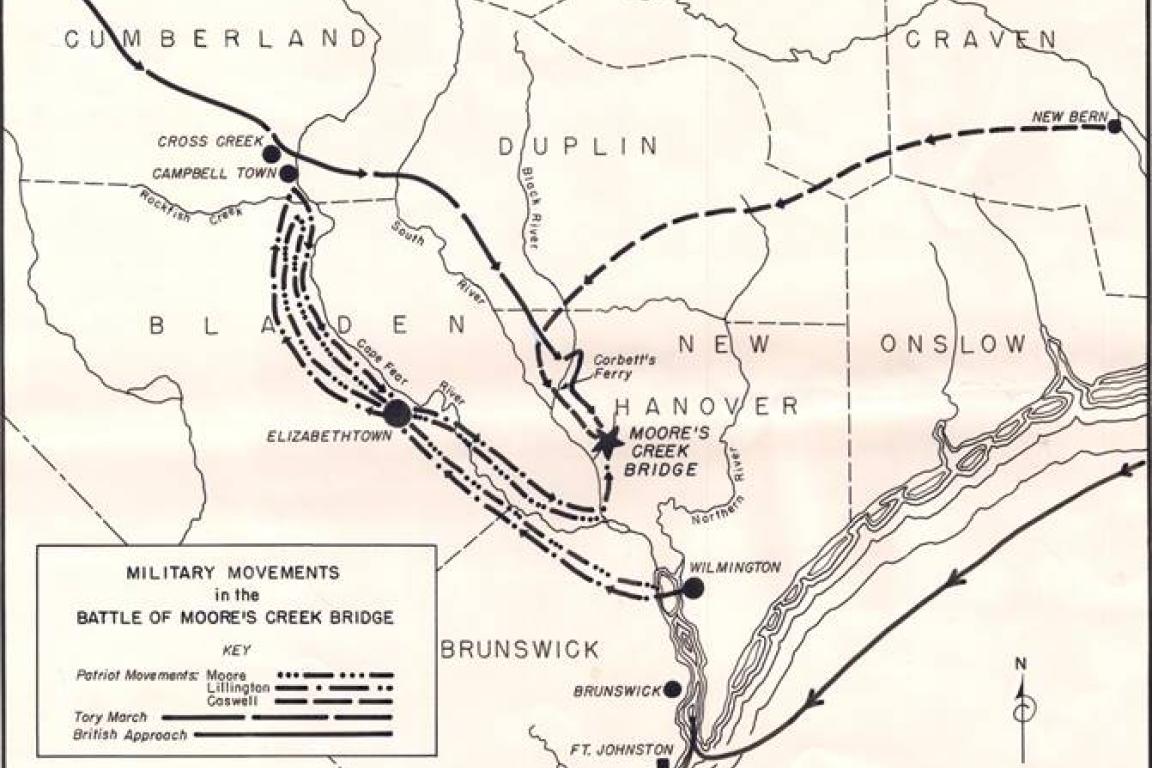 W.K. Hubbell, "Military Movements in the Battle of Moore's Creek Bridge," 1952, MC.175.1952h, State Archives of N.C. Despite this reference, many other historical records and the National Parks Service point to Moores Creek without the apostrophe as the preferred punctuation for this historic site.