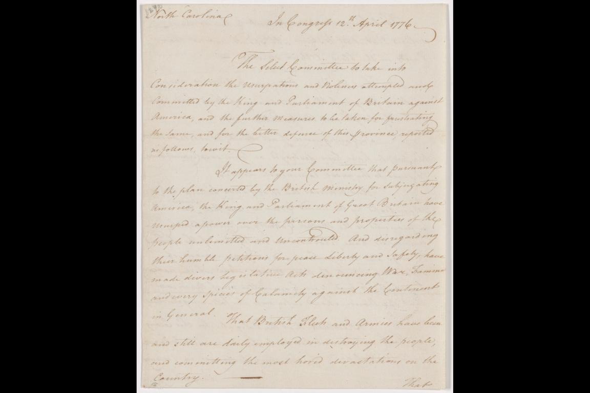 The original Halifax Resolves document will be exhibited in the new visitor center at Halifax State Historic Site from April 10-Oct. 6.