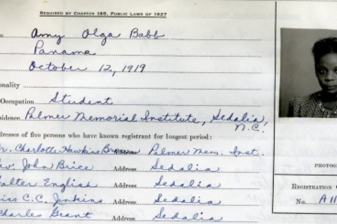 The residence registration for Amy Olga Babb, a student at Palmer Memorial Institute (now the Charlotte Hawkins Brown Museum), c. 1940, Guilford County, Alien, Naturalization and Citizenship Records, p. 90, CR.046.902.2, State Archives of N.C.