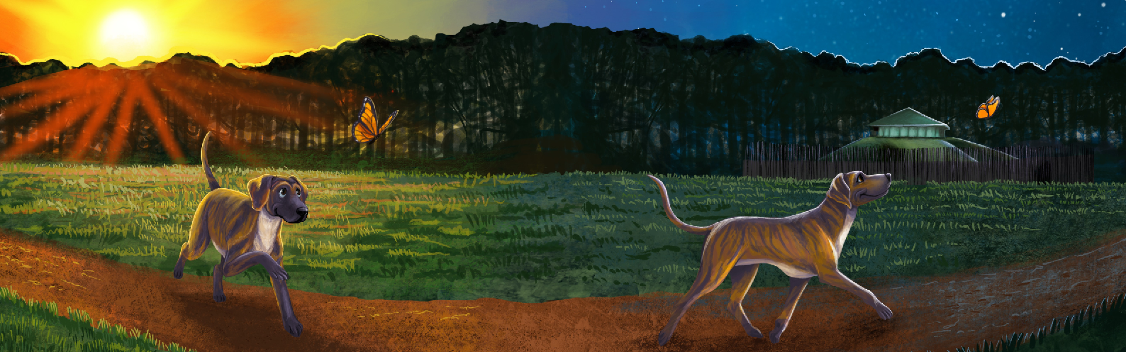 Illustration of a Plott hound and Monarch butterfly outside of Town Creek Indian Mound Historic Site.