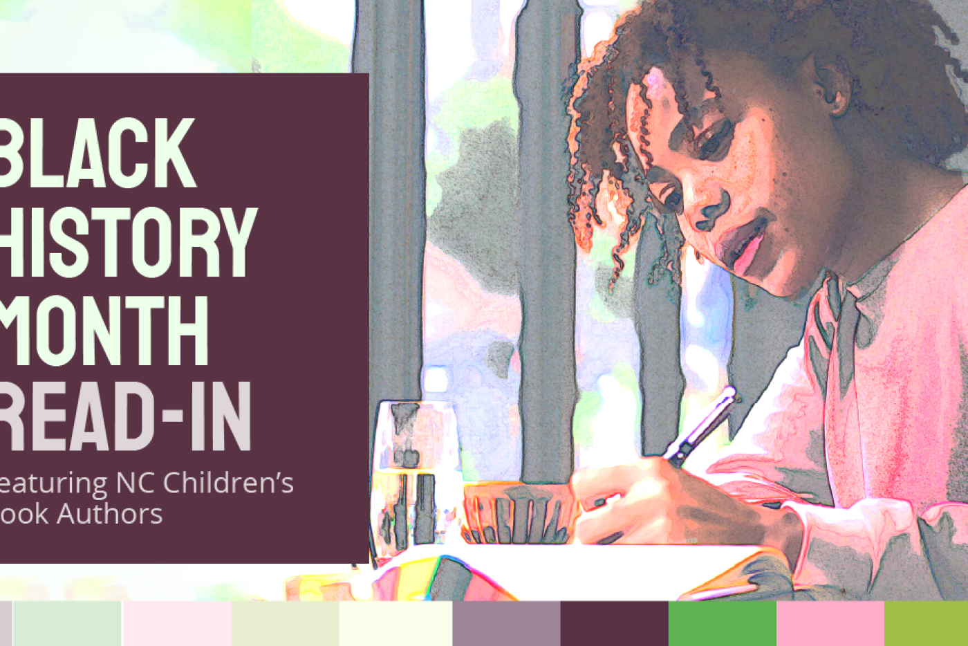 A child writing. Text on her left reads "2021: Black History Month Read-In."